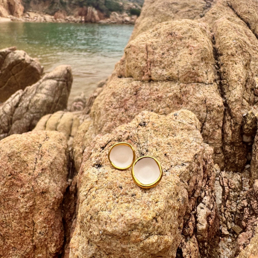 Camelia | Handcrafted white ceramic stud earrings with gold luster