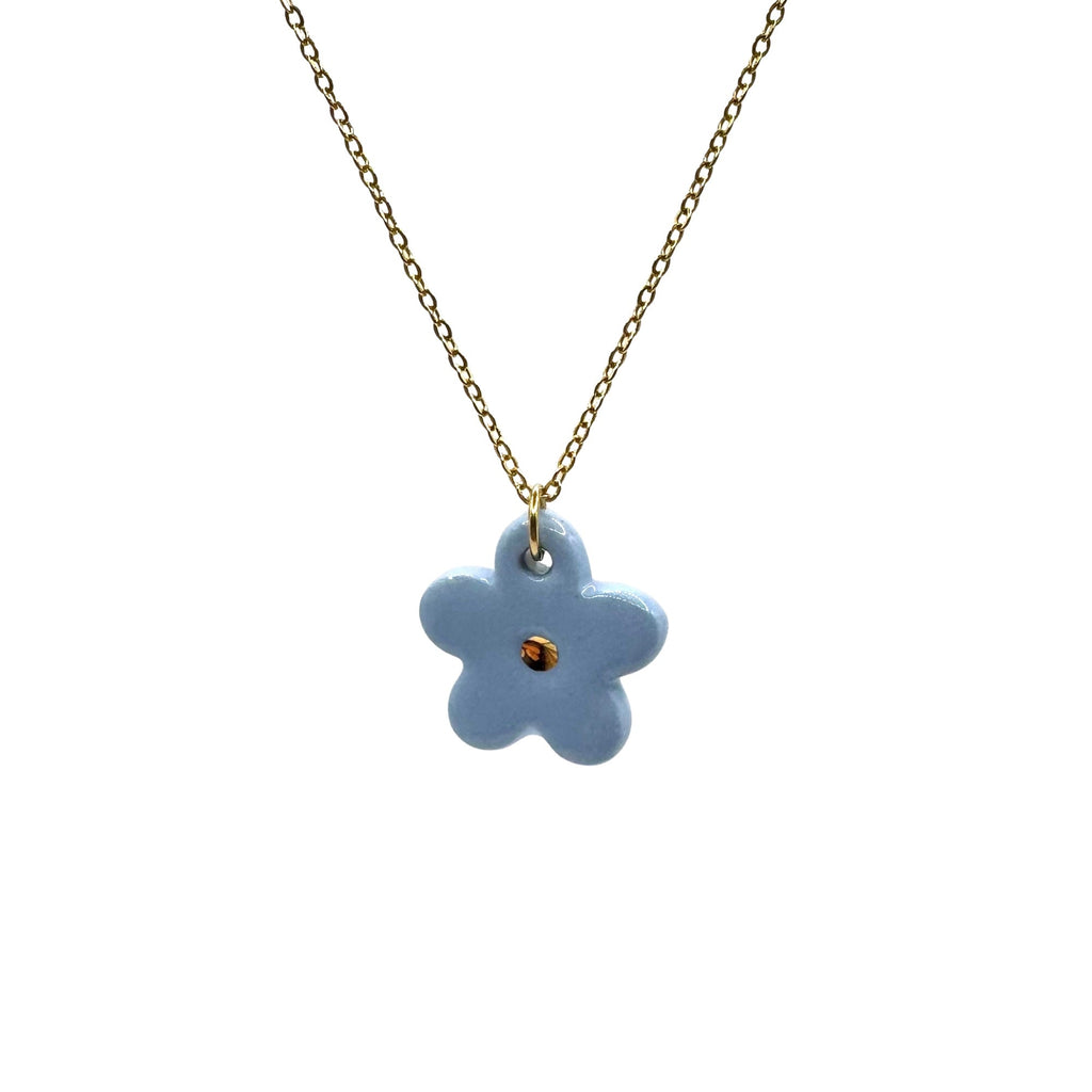 Margherita | Handcrafted light blue floral ceramic necklace with golden detail