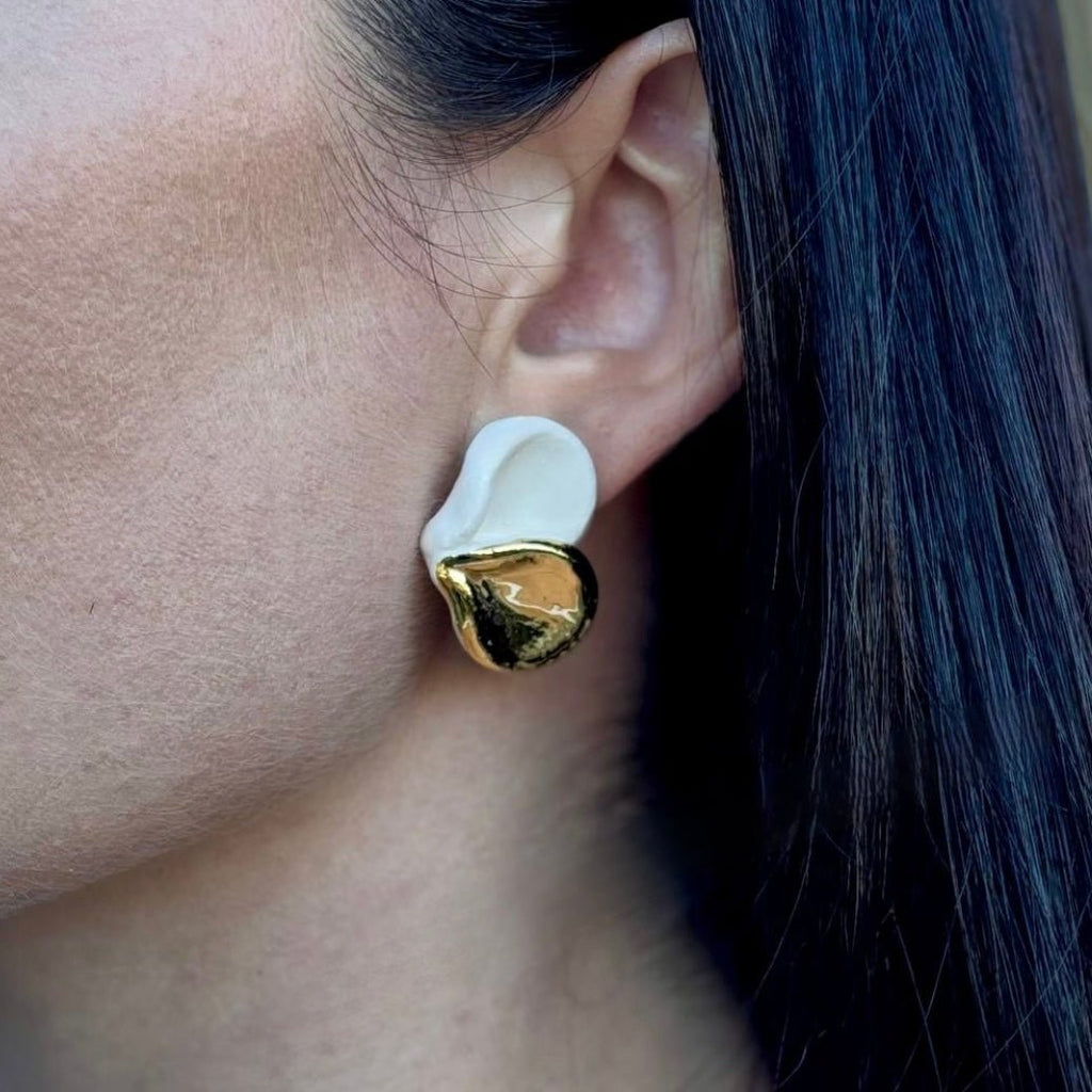 Petali | Handcrafted white ceramic stud earrings with gold luster